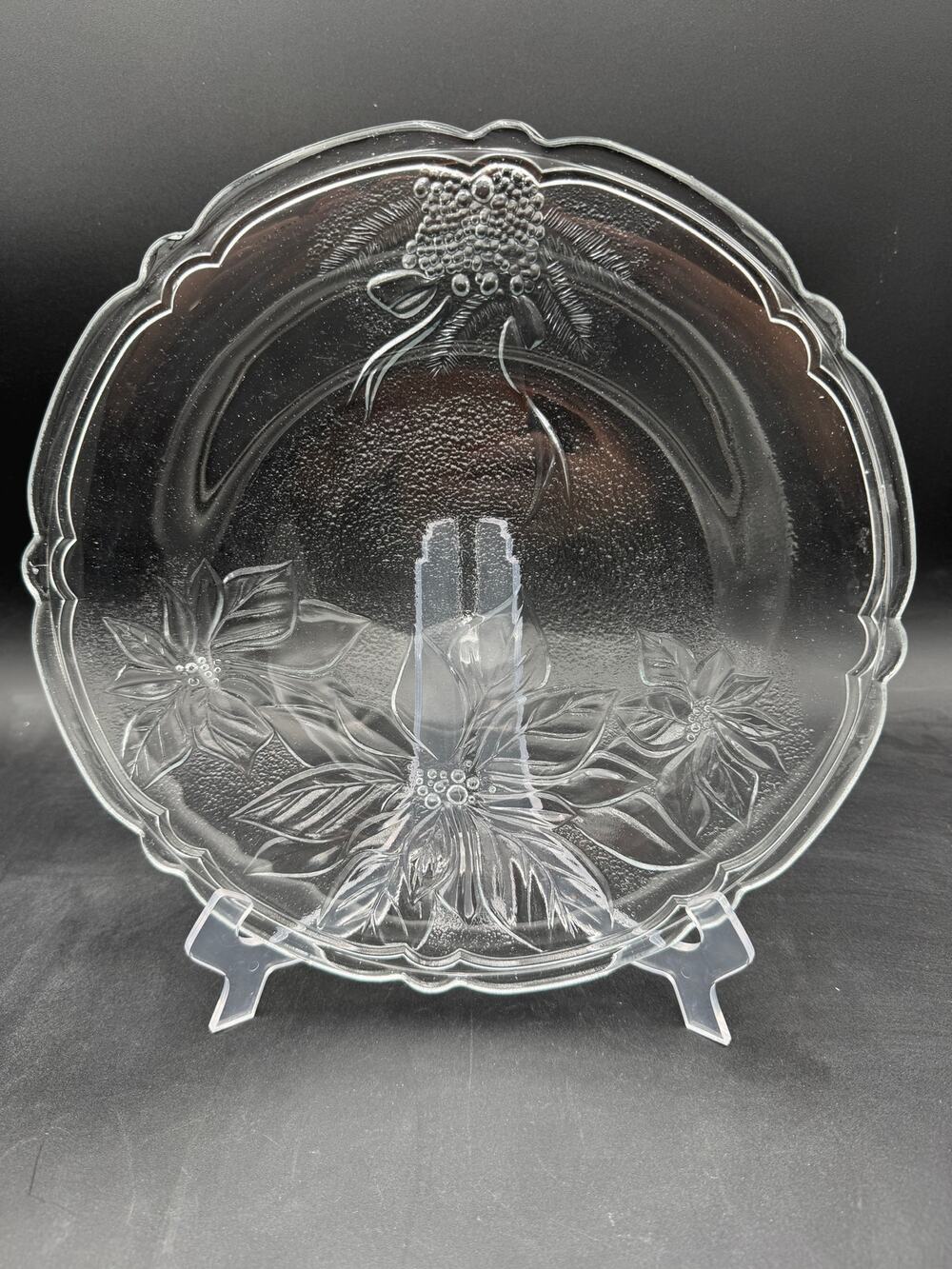 Vintage Poinsettia Christmas Platter Clear Tempered Glass 13" Gibson